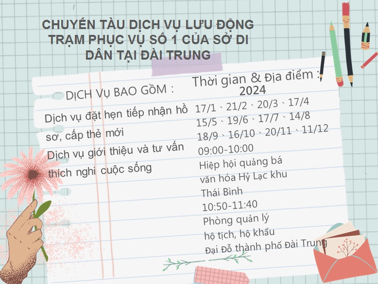 113年移民署臺中市第一服務站行動服務列車年度公告海報-越南版