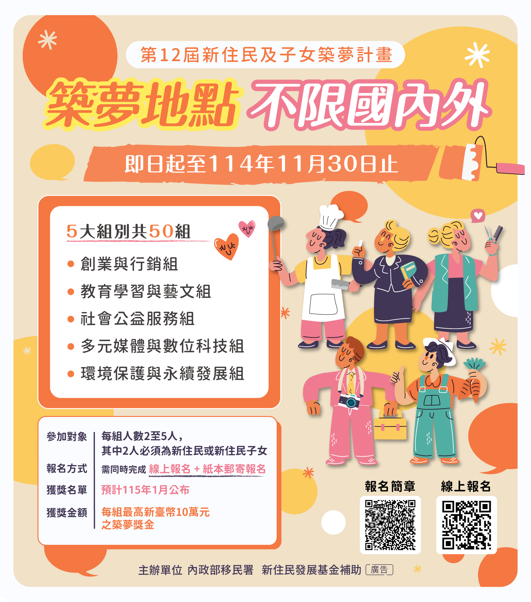 移民署「第12屆新住民及子女築夢計畫」報名開始囉~