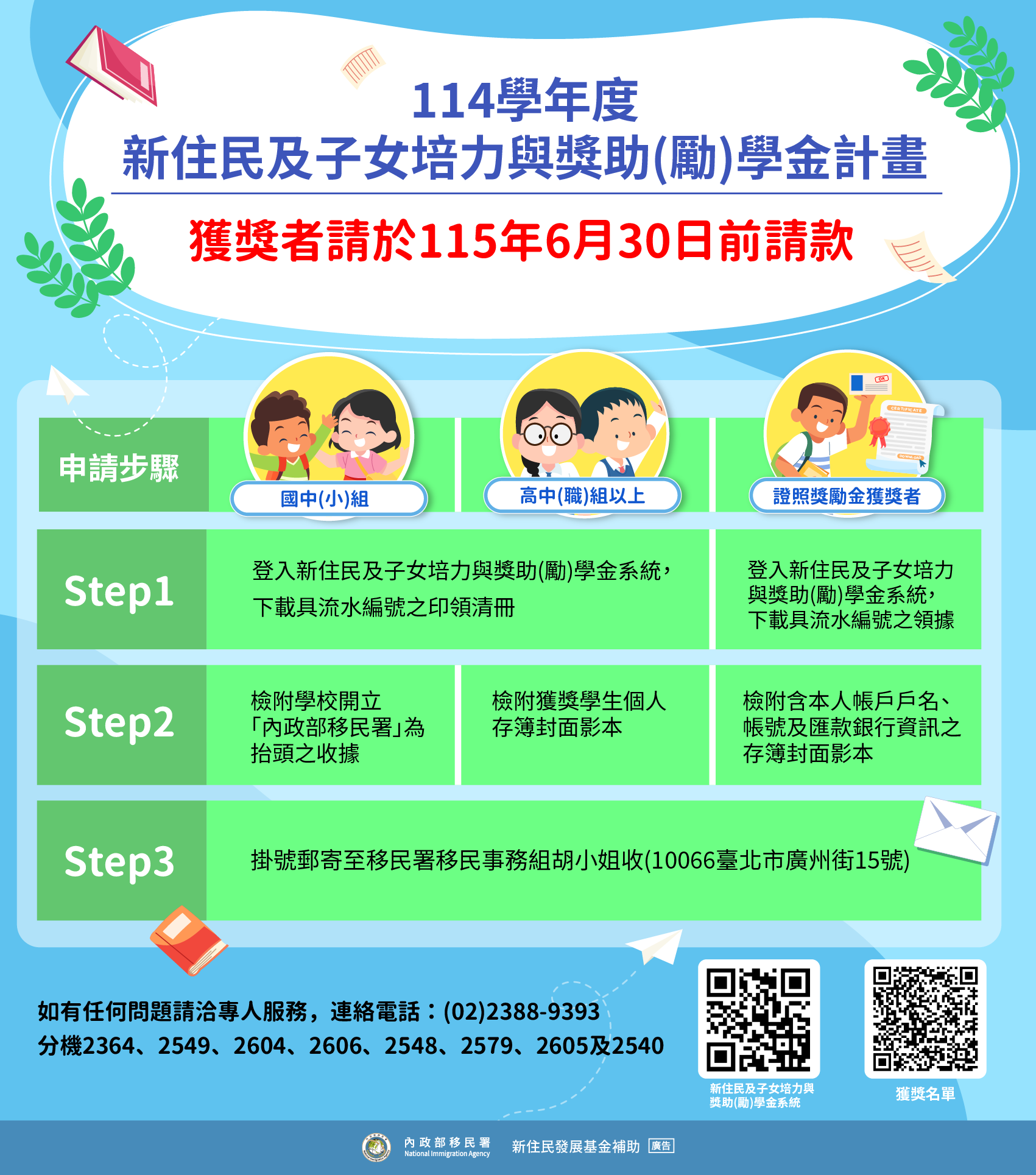 「114學年度新住民及子女培力與獎助(勵)學金計畫」獲獎名單