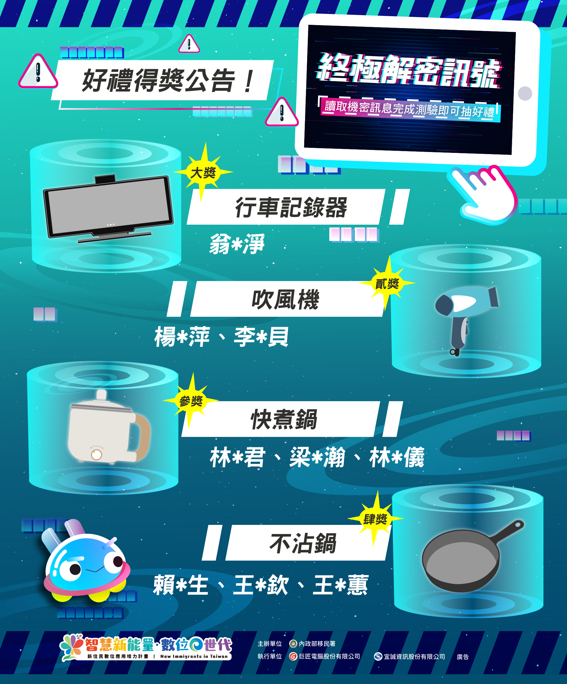 「終極解密訊號，闖關挑戰拿好禮！」網路活動得獎名單公布
